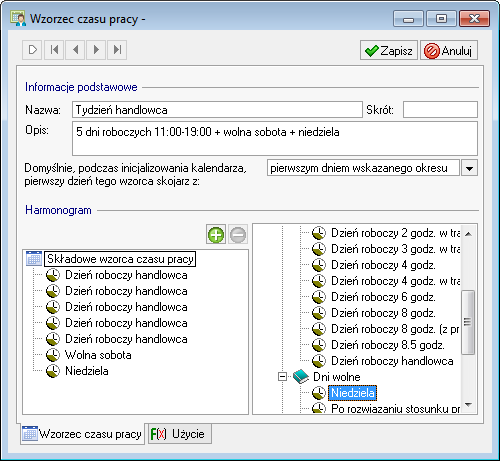 Organizacja czasu pracy 7 9 Rys. 7-7 Okno Obiekty kalendarzowe - dodawanie nowego wzorca czasu pracy. Nowy wzorzec czasu pracy tworzymy klikając przycisk Dodaj w prawej części okna.