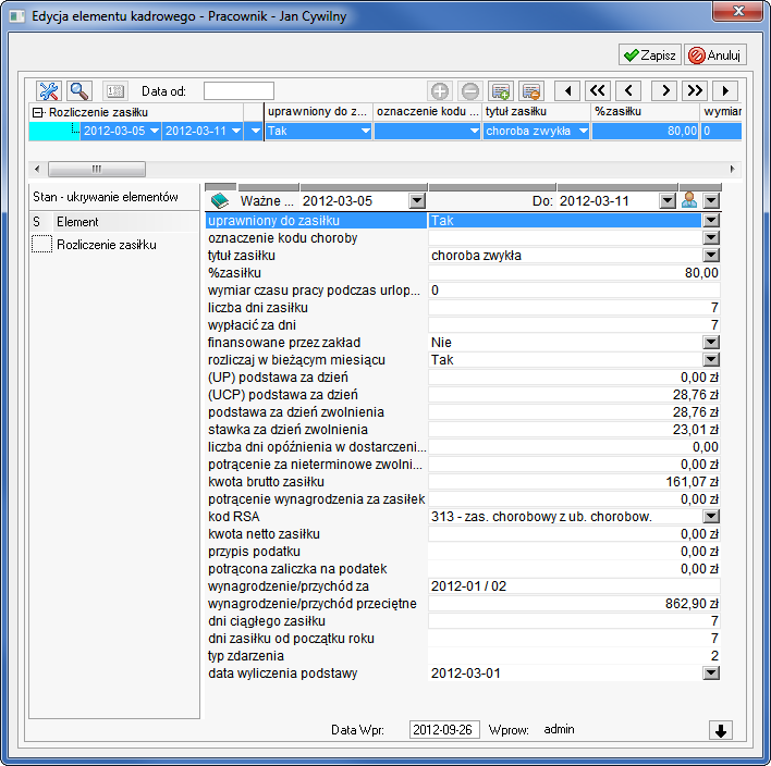 8 12 Podręcznik użytkownika Symfonia Kadry i Płace Po zapisaniu okna z podstawami do chorobowego wyświetlone zostanie okno Edycja elementu kadrowego z elementem Rozliczenie zasiłku.
