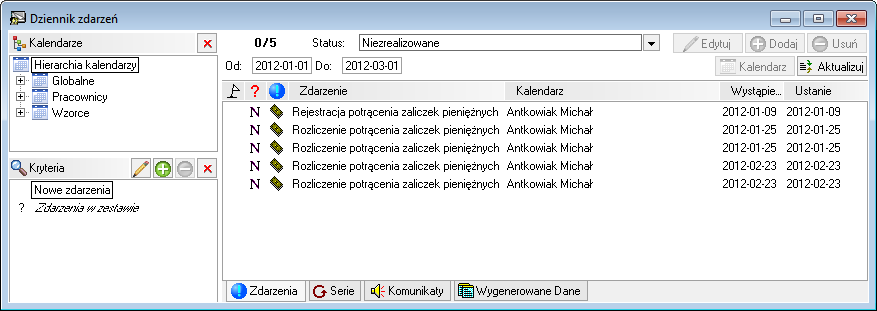 Dziennik zdarzeń 9 1 Dziennik zdarzeń W programie Symfonia Kadry i Płace edycja zdarzeń możliwa jest w dwóch miejscach: w kalendarzu pracownika po wybraniu z menu podręcznego polecenia Dziennik