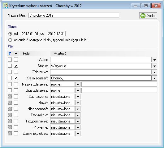 Dziennik zdarzeń 9 3 Rys. 9-2 Okno Dziennik zdarzeń ustawione kryterium Choroby w 2012 Kryteria wyszukiwania zdarzeń są definiowane w Dzienniku zdarzeń na zakładce Kryteria.