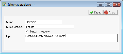 Przelewy 14 17 Rys. 14-24 Okno Parametry przelewów Po zdefiniowaniu powyższych parametrów można przystąpić do definicji schematu przelewu. W oknie Schematy przelewów dodajemy nowy schemat przelewu.