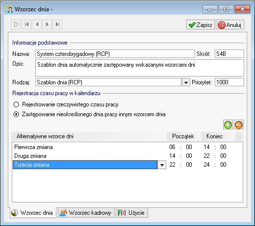 18 24 Podręcznik użytkownika Symfonia Kadry i Płace Rys. 18-18 Okno Wzorzec dnia definicja dnia System czterobrygadowy (RCP).