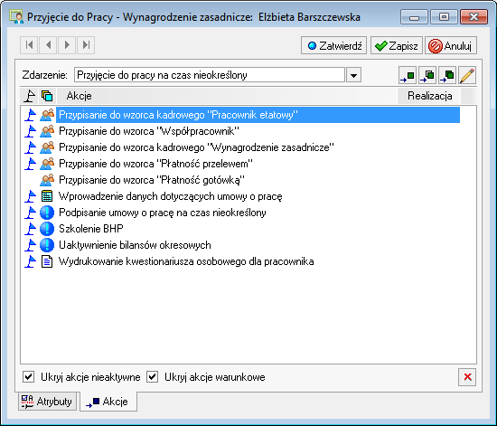 Pracownik 5 7 Akcje są to czynności związane z danym zdarzeniem, które zostaną automatycznie wykonane przez program po zatwierdzeniu zdarzenia.