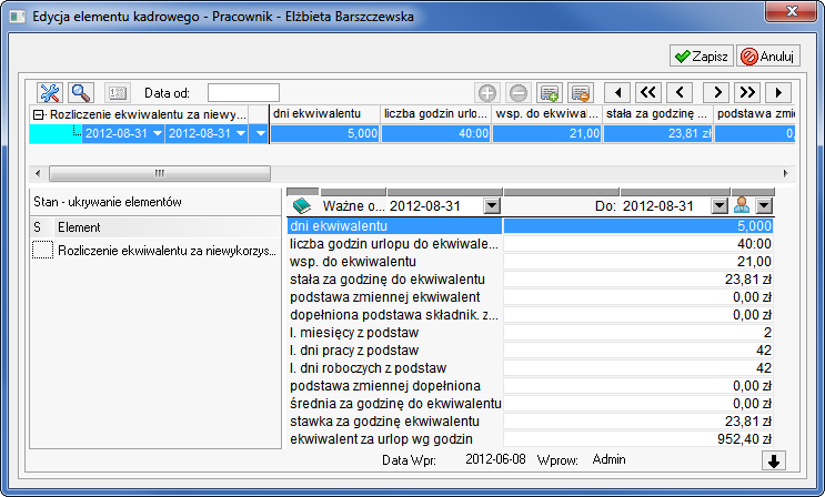 Pracownik 5 53 Rys. 5-60 Okno Edycja elementu kadrowego podstawy do urlopu i ekwiwalentu.
