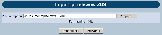 IMPORT PRZELEWÓW ZUS XML Płatnik Liniowy VideoTel Dostępne formaty dla importu przelewów ZUS to: W celu zaimportowania pliku z przelewami należy: W oknie Konfiguracja -> Parametry aplikacji