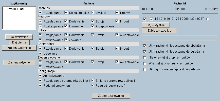 Uprawnień do poszczególnych funkcji dostępnych w systemie, Uprawnień do oglądania poszczególnych rachunków klienta (zleceń lub wyciągów, sald i operacji), Uprawnień do obciążania poszczególnych