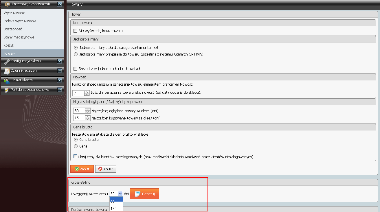 W obszarze Cross-Selling jest możliwość określenia zakresu czasu, jaki będzie brany pod uwagę do analizy sprzedanych towarów. Do cross-sellingu można uwzględnić sprzedaż za okres 30, 90 lub 180 dni.