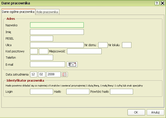 z 31 2008-02-15 14:08 Okno danych pracownika zawsze zawiera Role pracownika, a w przypadku lekarzy i pielęgniarek takŝe Dane specjalistyczne.