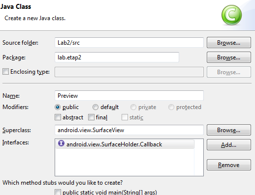 Rys 4. Okno dodania klasy. Klasa Preview obsługuje podgląd z kamery. Jest to podklasa klasy SurfaceView, tak więc można ją umieścić w interfejsie. Także implementuje interfejs SurfaceHolder.Callback.