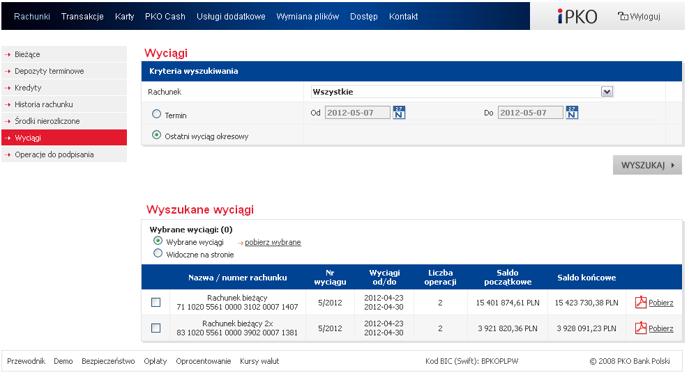 3.11. WYCIĄGI W podmenu Wyciągi Użytkownik ma możliwość pobrania wyciągu w formacie PDF. Na pierwszym ekranie, system domyślnie wyświetla ostatnie wyciągi okresowe dla wszystkich rachunków.