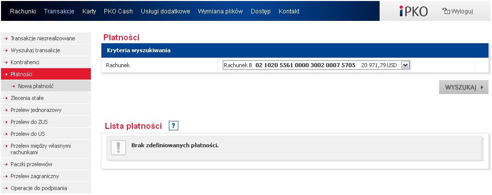 4.4. PŁATNOŚCI Płatność (przelew predefiniowany) to szablon przelewu, w którym na stałe zdefiniowany jest rachunek nadawcy i odbiorca.