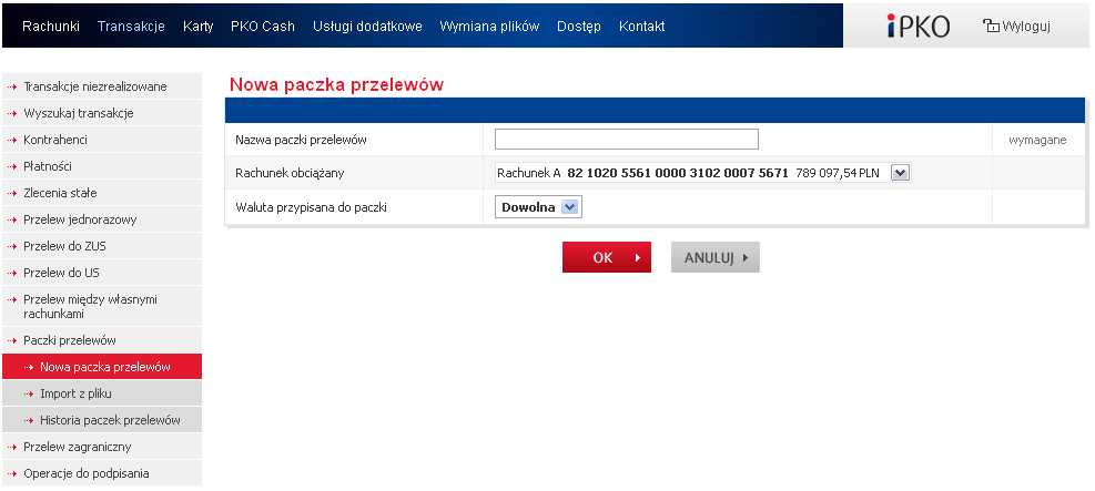 4.10. PACZKI PRZELEWÓW Paczka przelewów jest zbiorem poleceń przelewów realizowanych z jednego rachunku, które podlegają wspólnej (jednorazowej) autoryzacji.