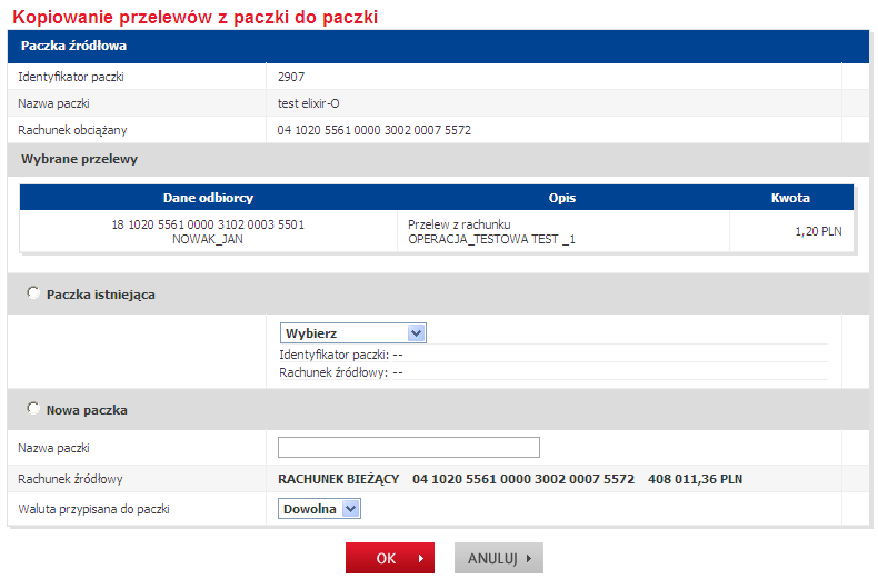 Kopiowanie lub przenoszenie przelewów pomiędzy paczkami Analogicznie jak dla powyższej funkcjonalności, w szczegółach paczki wybieramy link Kopiuj do paczki lub Przenieś do paczki.