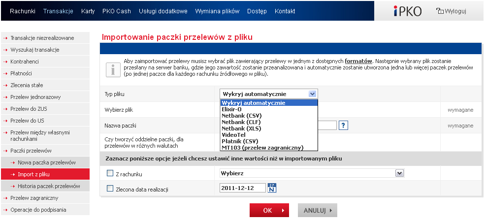 Import paczki przelewów z pliku W celu zaimportowania paczki przelewów, należy udostępnić plik w jednym z dostępnych formatów: Elixir-O, Netbank (CSV), Netbank (CLF), Netbank (XLS), VideoTel, Płatnik