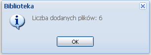 Po wybraniu biblioteki i kliknięciu przycisku Zapisz wyświetli się informacja o liczbie dodanych