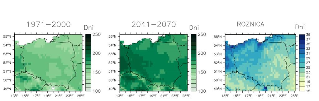 Rys. 5.21. Długość okresu wegetacyjnego dla kryterium T>5 o C (lewy panel) i T>10 o C (prawy panel), dla Polski środkowej. 6 Rys. 5.22.