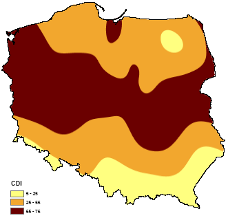 Rys. 6.7. Częstotliwość (%) susz rolniczych w uprawie ziemniaków późnych (rys górny) i pszenicy ozimej (rys dolny) (ZWU zapas wody użytecznej w 1-m profilu gleby. Po lewej 120 mm i po prawej 200 mm).