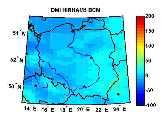 Rys. 6.14. Zmiana średniego rocznego odpływu (w %) w okresie 2021-2050 oraz 2071-2100 w stosunku do okresu referencyjnego dla symulacji z modeli DMI-HIRHAM5-BCM oraz SMHIRCA_BCM.