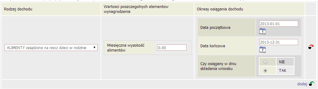 Ekran 3c alimenty w sytuacji, gdy jeden z członków rodziny otrzymuje alimenty, a w Ekranie 2 w kolumnie C zaznaczono TAK przy jego nazwisku, będzie można dodać poniższą tabelę na ekranie 3c: do