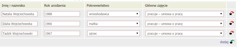 Ekran 1 dodawanie osób domyślnie pierwszy wiersz wypełniony jest danymi osoby wnioskującej kliknięcie w zielony koszyczek dodaj, sprawi, że pojawią się kolejne wiersze: w kolumnie Pokrewieństwo