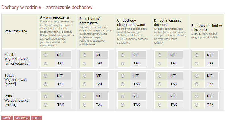 Ekran 2 rodzaje dochodów po zapoznaniu się z informacjami o różnych rodzajach dochodów poprzez zaznaczenie TAK lub NIE należy wskazać, które osoby w 2014 roku: osiągały dochody wymienione w