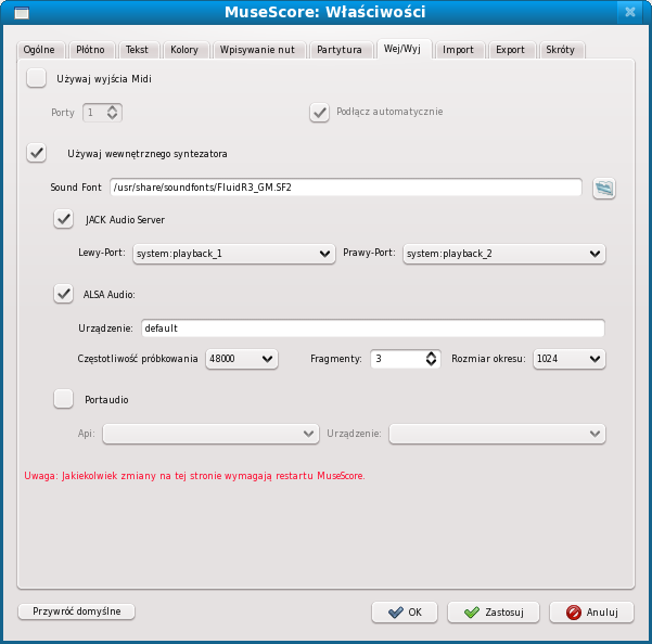 Aby zastosować zmiany kliknij OK i wyjdź z panelu Właściwości. Zamknij i ponownie uruchom MuseScore, co spowoduje zastosowanie właśnie wprowadzonych zmian.