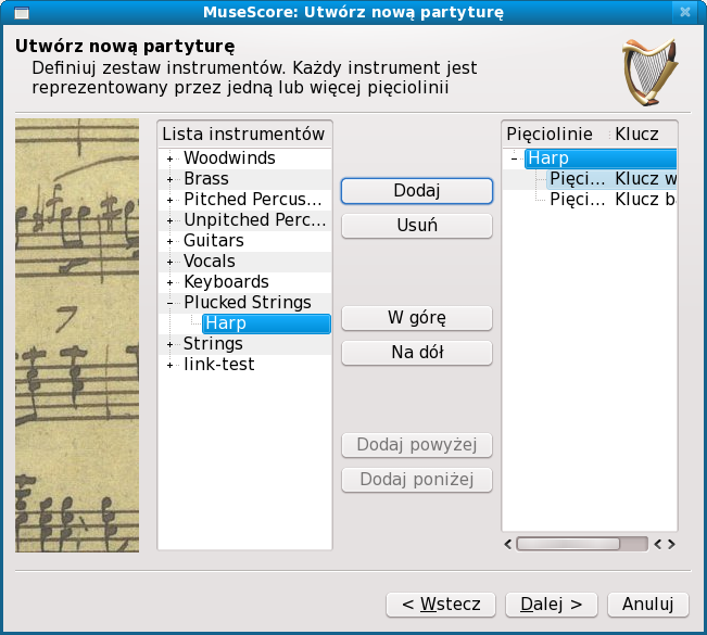 Okno z instrumentami jest podzielone na dwie kolumny. Pierwsza zawiera instrumenty lub głosy do wyboru.