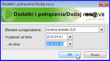 3) Wybrać Element wynagrodzenia: Korekta składek ZUS oraz określić miesiąc, w którym dodajemy