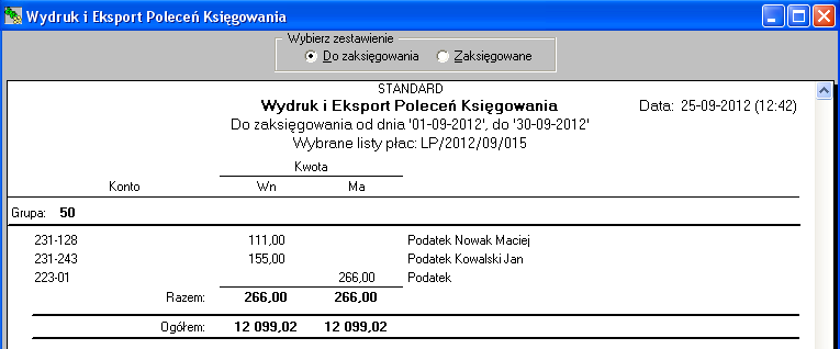 Rys.12. Raport zaksięgowań, strona 2. Pierwsza strona została przedstawiona na rys. 1. Zaksięgowań dokonano wg przykładowego zaimportowanego schematu.