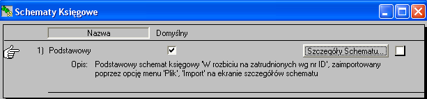 Rys.2. Definiowanie schematu księgowego - zaznaczenie opcji 'Domyślny' oznacza, że schemat będzie wykorzystywany dla wszystkich zatrudnionych nie posiadających przypisanego własnego schematu.