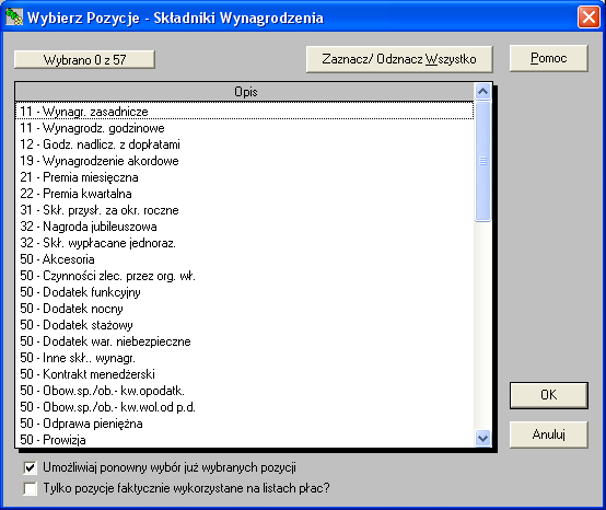 Rys.7. Lista pozycji ze składnikami wynagrodzenia (opcja menu 'Działania', 'Dopisz Konta Składników Wynagrodzenia').