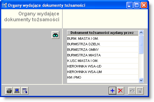 Sposób pracy z programem 4 Wykazy 2 strona 4218 Organy wydające dokumenty tożsamości Okno "Organy wydające dokumenty tożsamości" zawiera słownik nazw organów państwowych uprawnionych do wydawania