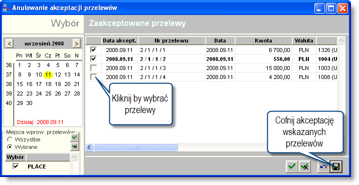 Sposób pracy z programem 4 Finanse 3 strona 435 Anulowanie akceptacji przelewów Operacja akceptacji przelewu powoduje zablokowanie możliwości edycji przelewu W oknie Korekta akceptacji przelewów