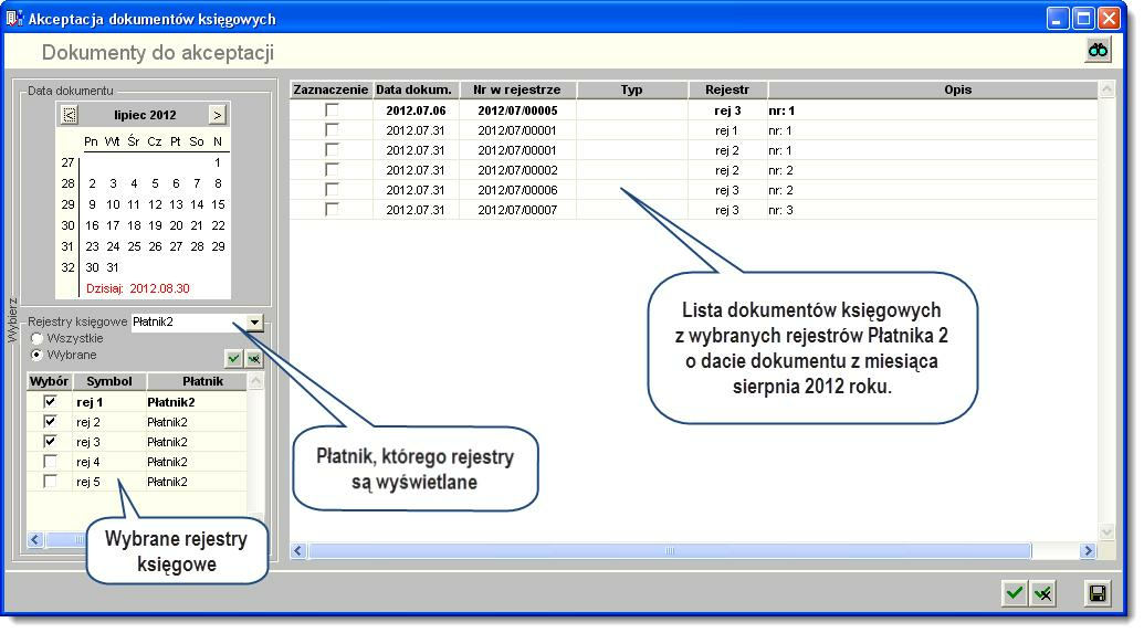 Sposób pracy z programem 4 Dokumenty 4 strona 442 Akceptacja dokumentów księgowych Okno służy do akceptacji wprowadzonych zapisów księgowych Akceptacja powoduje zablokowanie dokumentów do edycji