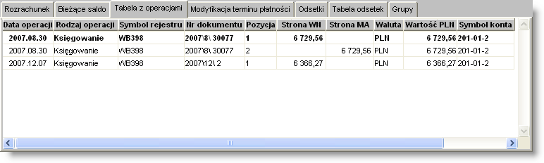 Sposób pracy z programem 4 Dokumenty 4 strona Zakładka Bieżące saldo Rozrachunki Zakładka Bieżące saldo Zakładka Tabela z operacjami W tabeli z operacjami widoczne są rozrachunki, które zostały