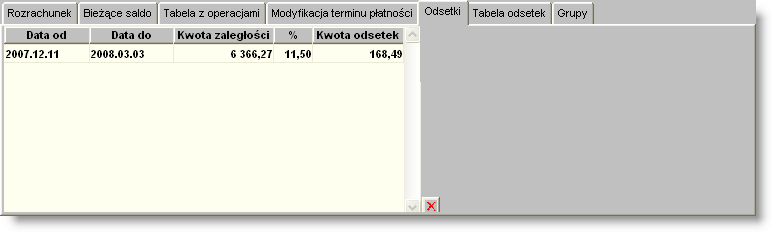 4 Sposób pracy z programem 4 Dokumenty 254 strona Zakładka Modyfikacja terminu płatności Rozrachunki Zakładka Odroczenie płatności Zakładka Odsetki Zakładka ta prezentuje kwoty zaległości i wysokość