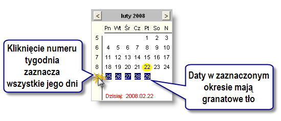 4 Sposób pracy z programem 4 Dokumenty 258 strona wstecz (lewy przycisk) lub w przód (prawy przycisk) Poniżej nagłówka znajduje się obszar dat Z jego lewej strony wyświetlane są numery tygodni Jeśli