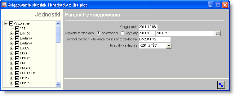 4 Sposób pracy z programem 5 Obsługa 272 strona 452 Księgowanie składek i kredytów z list płac Okno "Księgowanie składek i kredytów z list płac" służy do automatycznego tworzenia dokumentów