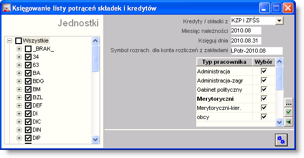 4 Sposób pracy z programem 5 Obsługa 274 strona 453 Księgowanie listy potrąceń składek i kredytów Okno "Księgowanie listy potrąceń składek i kredytów" służy do automatycznego tworzenia dokumentów