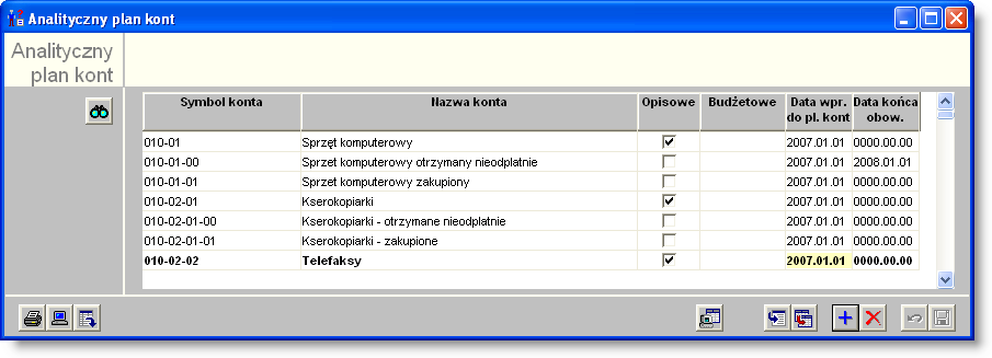 Sposób pracy z programem 4 Konfiguracja 1 strona 414 Analityczny plan kont Okno służy do wprowadzania wykazu kont analitycznych W wykazie tym wprowadzany jest symbol konta i nazwa konta Użytkownik