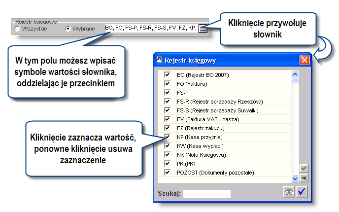 Sposób pracy z programem 4 Zestaw ienia 6 strona W wyświetlonym na ekranie słowniku można zaznaczyć pożądane wartości, klikając pola zaznaczenia, znajdujące się w ich wierszach Ponowne kliknięcie