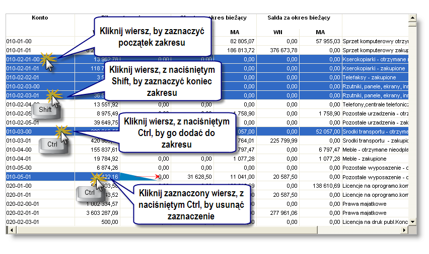 4 Sposób pracy z programem 6 Zestaw ienia 306 strona Zaznaczanie / cofanie zaznaczenia wierszy wybranych według wzoru konta Można zaznaczać wiersze dotyczące kont, których symbole są zgodne z