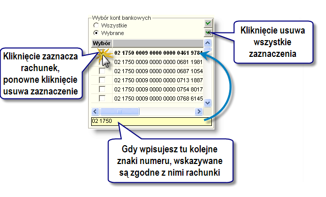 4 Sposób pracy z programem 6 Zestaw ienia 354 strona Zaznaczenie rachunku następuje po kliknięciu pola zaznaczenia w wierszu tego rachunku Kliknięcie pola już zaznaczonego, spowoduje cofnięcie