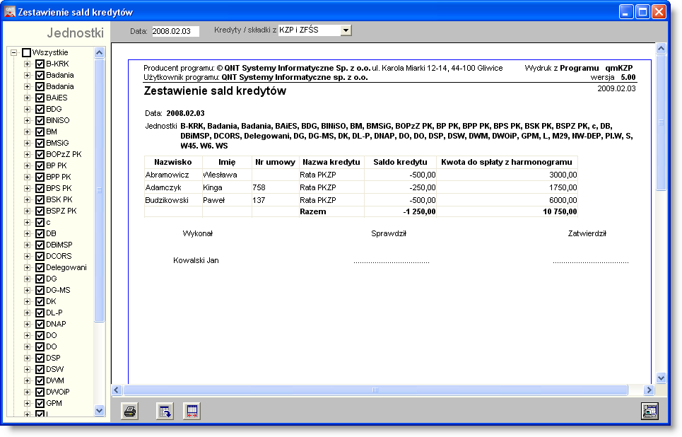 4 Sposób pracy z programem 6 Zestaw ienia 374 strona 4614 Zestawienie sald kredytów Okno umożliwia wygenerowanie zestawienia prezentującego salda spłacanych kredytów oraz kwoty pozostałe do zapłaty