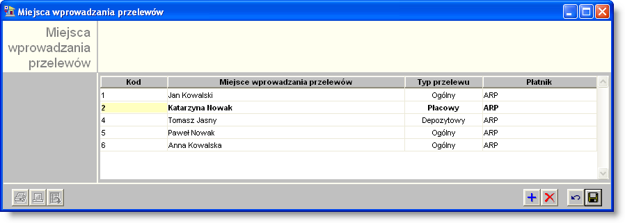 4 Sposób pracy z programem 1 Konfiguracja 58 strona 4111 Miejsca wprowadzania przelewów Okno umożliwia definiowanie rejestru miejsc wprowadzania przelewów (na przykład: wydziałów, komórek lub