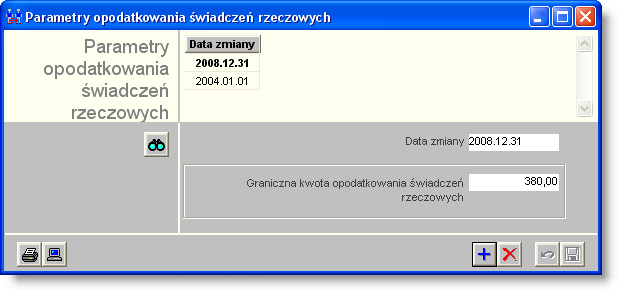 Sposób pracy z programem 4 Konfiguracja 1 strona 4112 Parametry opodatkowania świadczeń rzeczowych W oknie tym można wprowadzić wysokość granicznej kwoty opodatkowania świadczeń rzeczowych w