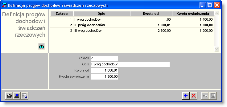 Sposób pracy z programem 4 Konfiguracja 1 strona 4114 Definicja progów dochodów i świadczeń rzeczowych Okno służy do definiowania progów dochodów pracowników oraz przypisywania do każdego z nich