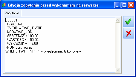 W zapytaniu podstawowym najwygodniej wpisać stałe wartości, które później będą zastąpione wyraŝeniami SQL pobierającymi dane z bazy.