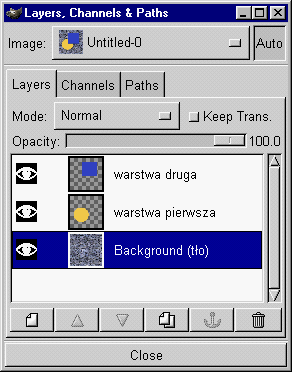 Okienko bez którego nie dałoby się obejść to paleta Warstw, Kanałów i Ścieżek (Layers, Channels & Paths).