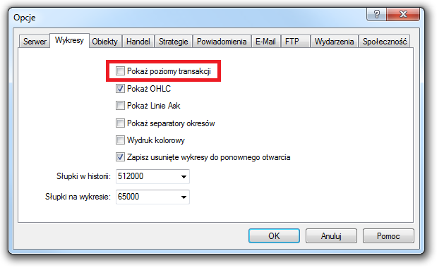 S t r o n a 4 Następnie należy z menu głównego wybrać [Narzędzia > Opcje > Wykresy] i odznaczyć Pokaż poziomy transakcji. UWAGA!